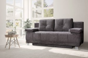Idea of white room with sofa and summer landscape in window. Sca